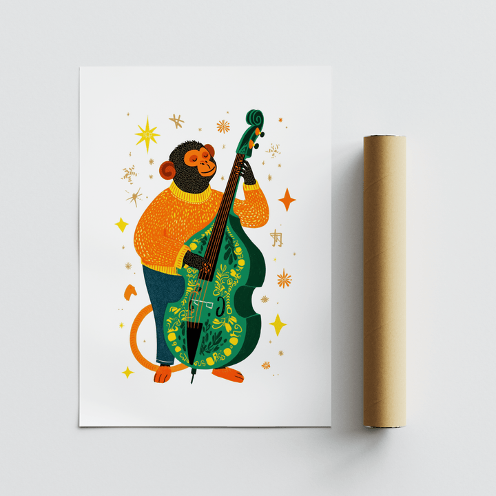 Musical Monkey Art Print with monkey playing double bass and a cardboard packaging tube