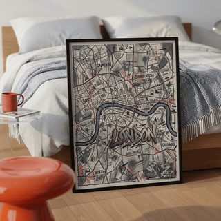 Typographic city map artwork featuring neighborhood names and roundel symbols