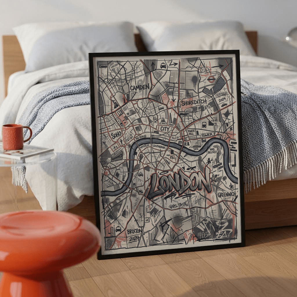 Typographic city map artwork featuring neighborhood names and roundel symbols