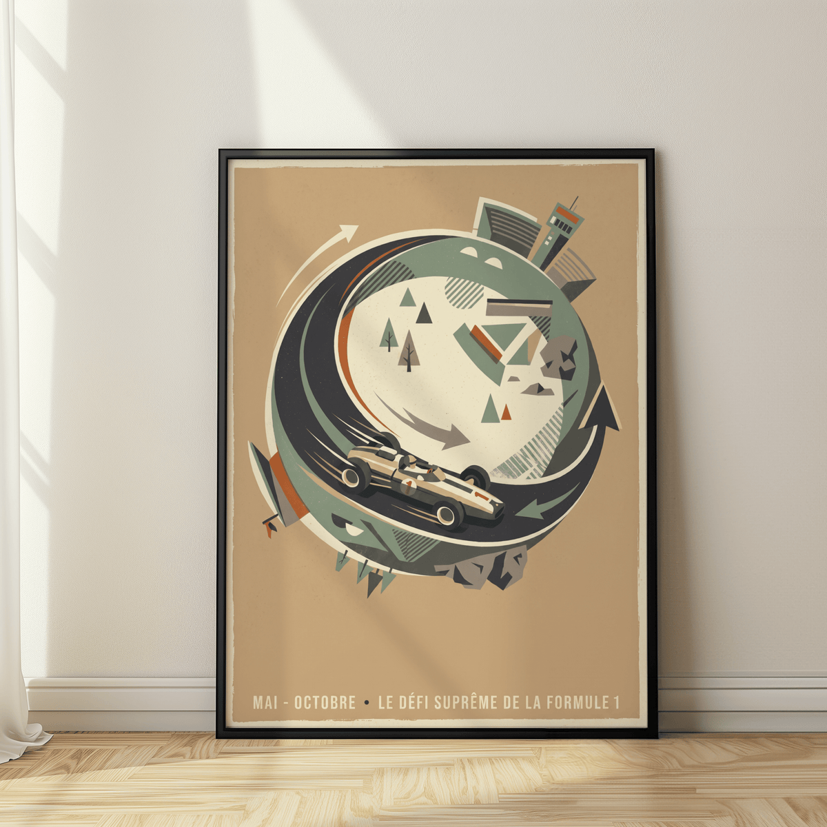 Close-up poster print showing an open-wheel race car and helmeted driver on a curved track