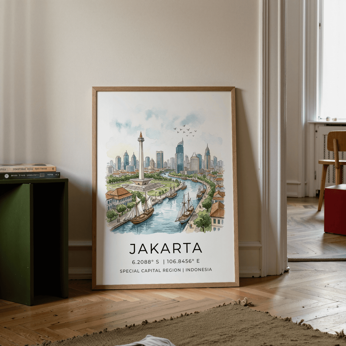 Highlighting the Jakarta City Art Print with “JAKARTA” text and coordinates at the bottom