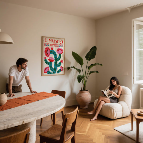 Bold green cactus with vibrant floral accents in Vintage Mexican Wall Art.