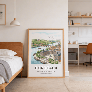 Detailed cityscape wall art print showing Bordeaux river, quayside building, and boats on the water