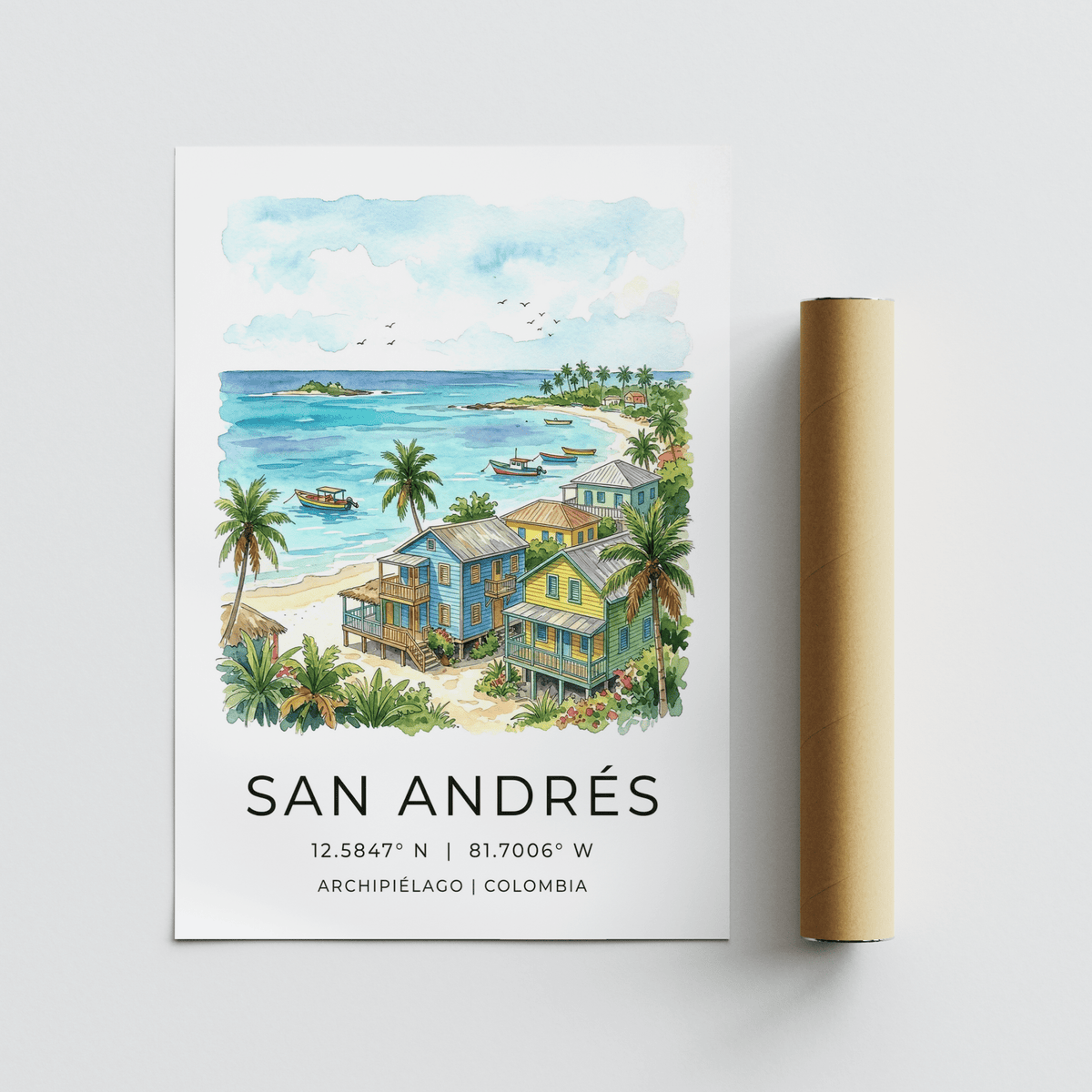 Island coast poster print with colorful homes, palms, and boats on turquoise water