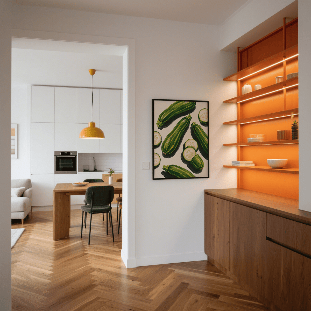 Contemporary Zucchini Wall Art with green hues for dining area