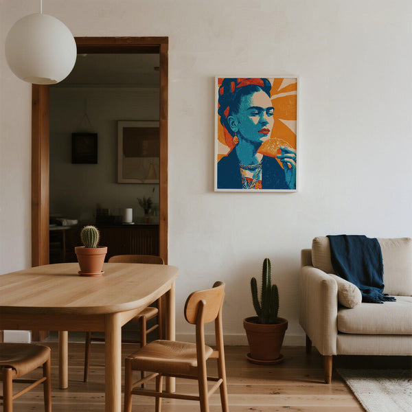 Mexican taco print with bold colors and traditional portrait elements.