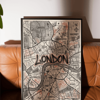 London Map Art Print with graffiti lettering, district labels, and River Thames linework