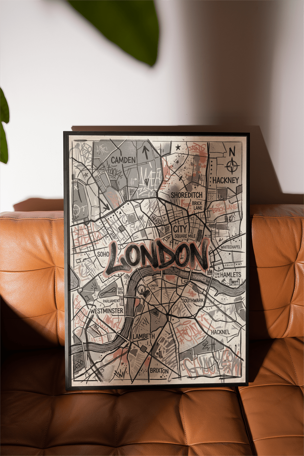 London Map Art Print with graffiti lettering, district labels, and River Thames linework