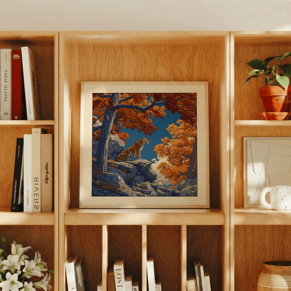 Overview poster of tiger on cliff beneath branching trees, woodblock-style wall art print