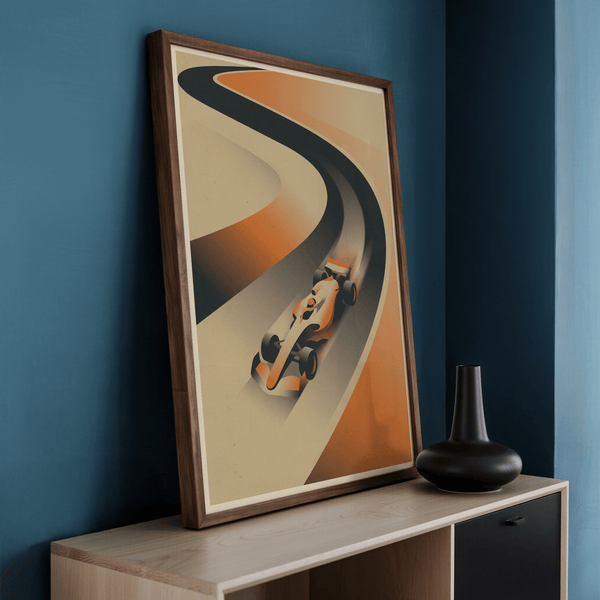 Graphic motorsport wall art print with layered track bands and centered open-wheel car