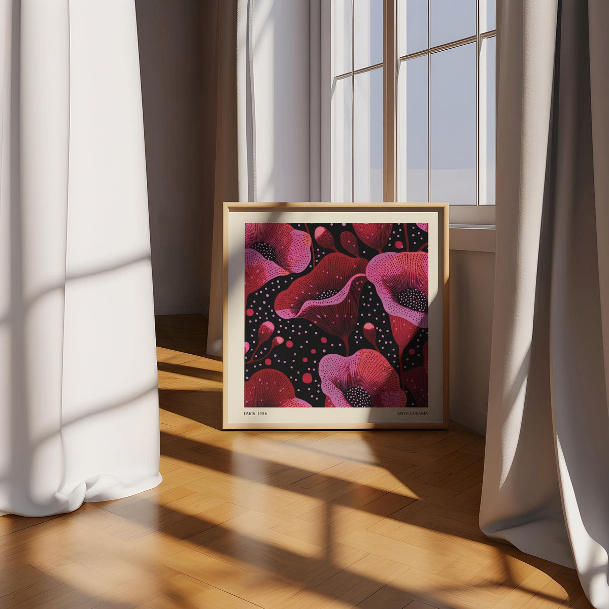 Office wall decorated with premium abstract pink art flower poster