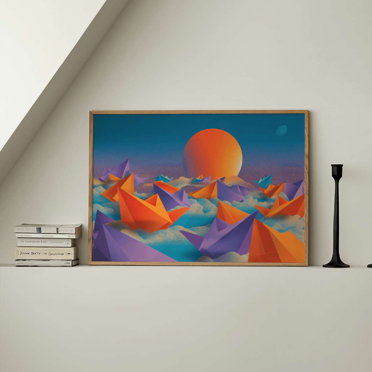 Origami Wall Art with geometric sunset, blue hues for hallway decor