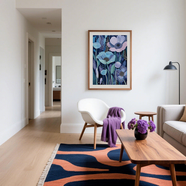 Indigo and lilac Blue and Purple Art featuring graphic flowers and textures.