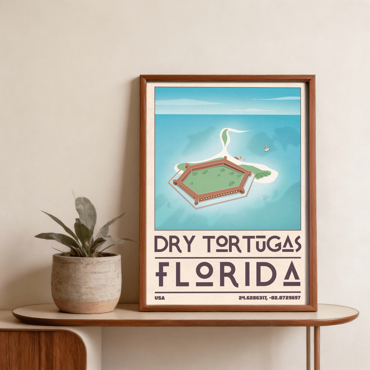 Minimal map style dry tortugas national park print with bold Florida lettering