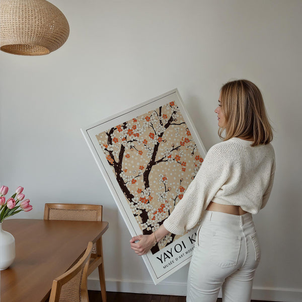 Cherry Blossom Tree Art print with dotted background and warm neutral tones.