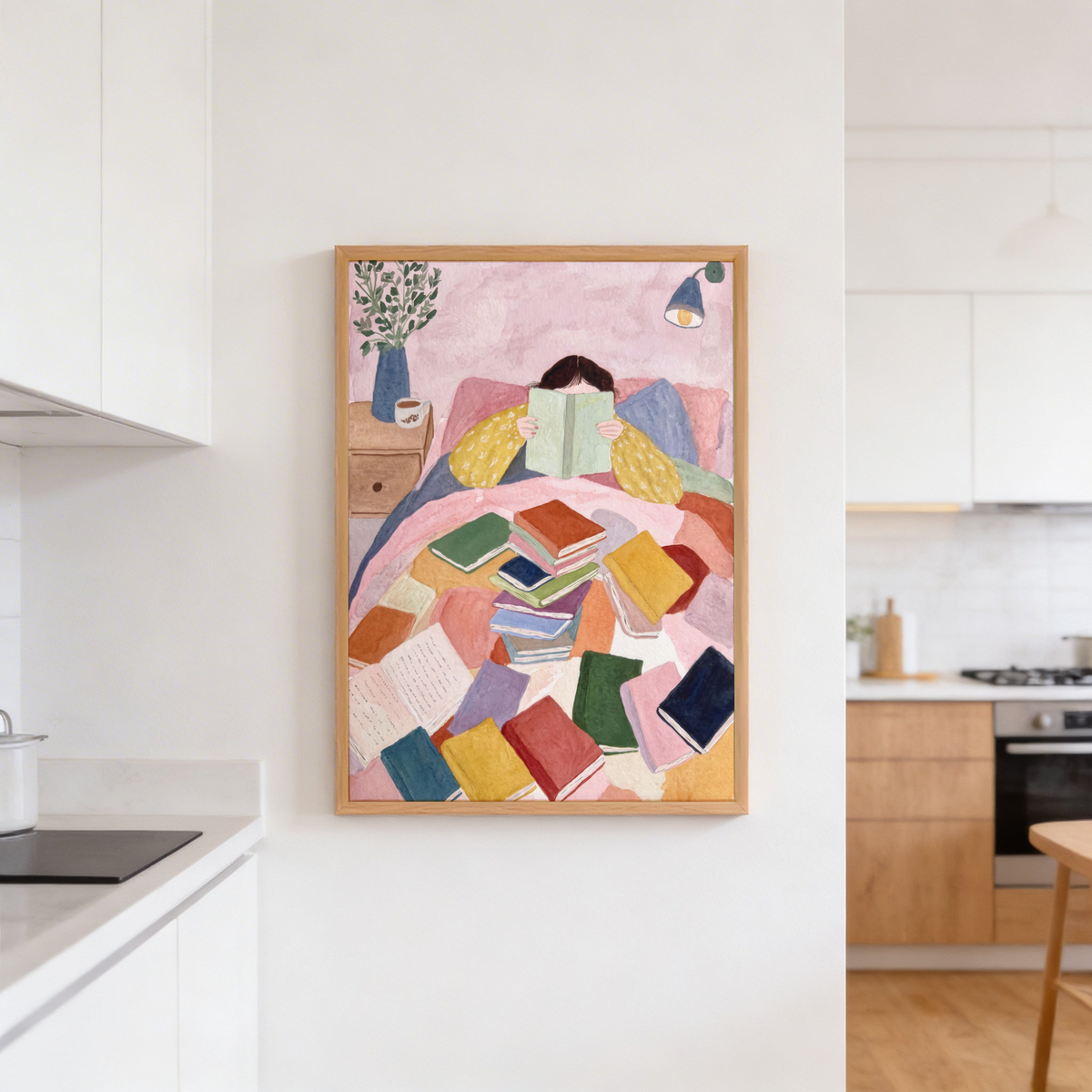 Painterly wall art print of a bedroom scene with open books in the foreground