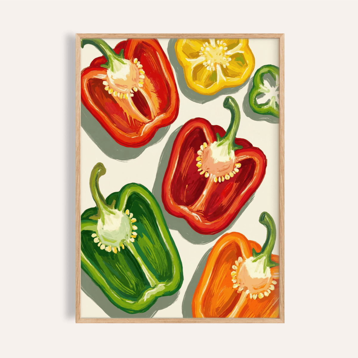 Colorful Bell Pepper Print with multicolored peppers for kitchen wall art