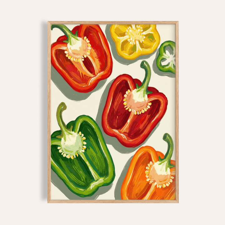 Colorful Bell Pepper Print with multicolored peppers for kitchen wall art