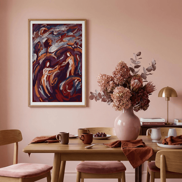 Painterly poster of two abstract figures in a curved embrace