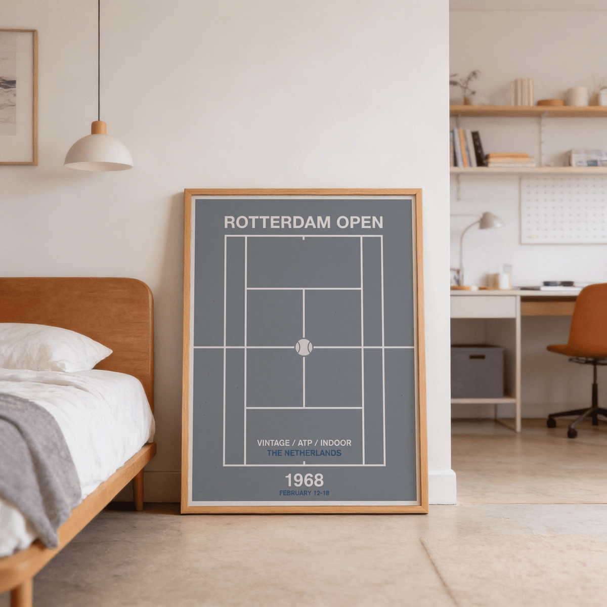 Minimalist tennis court wall print with grid layout and centered ball icon