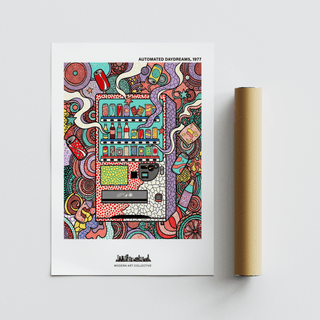 Whimsical vending machine wall art print with assorted drinks and packaged snacks
