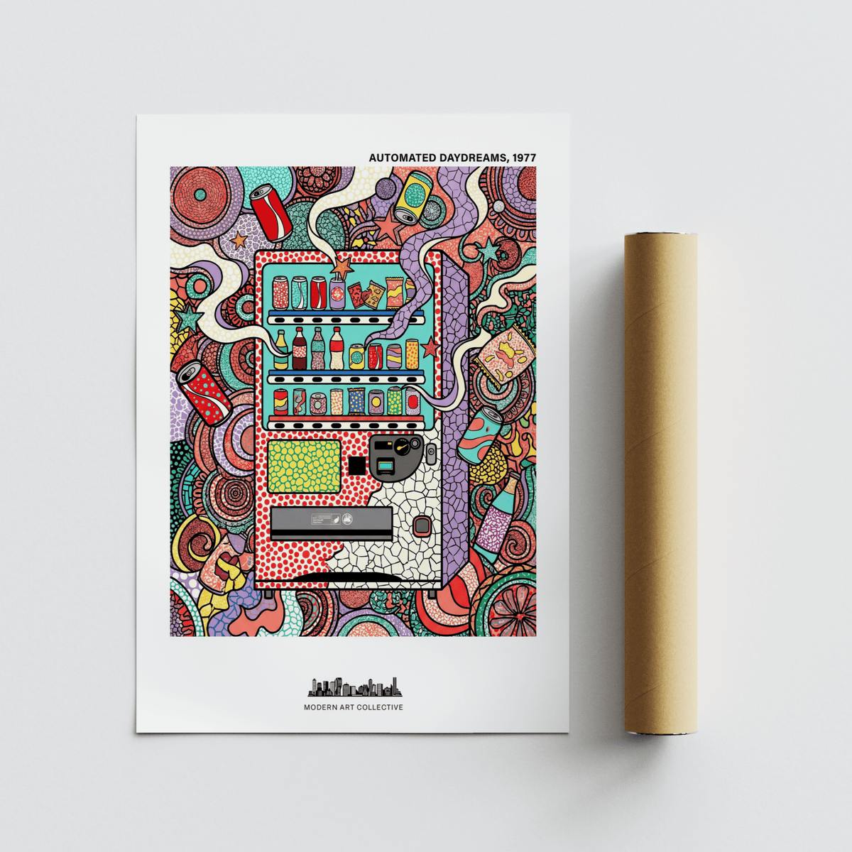 Whimsical vending machine wall art print with assorted drinks and packaged snacks