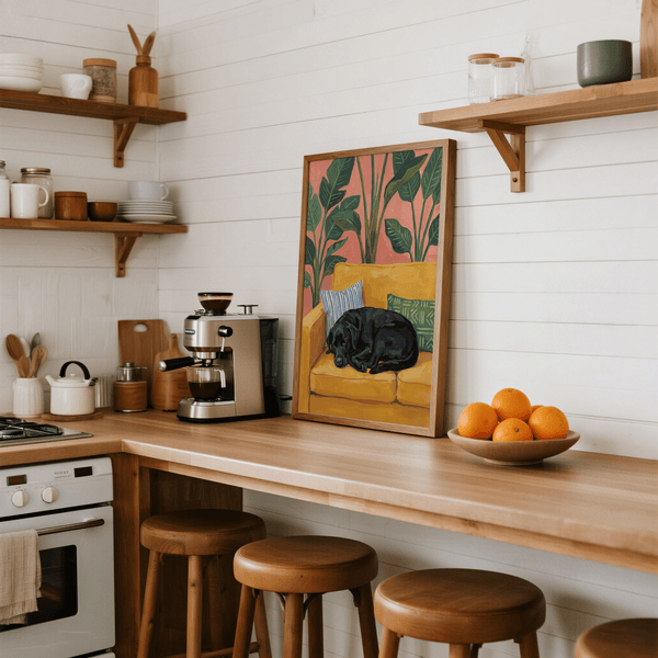 Dog lovers' Black Lab Wall Art in Yellow, Black, and Green for office, poster