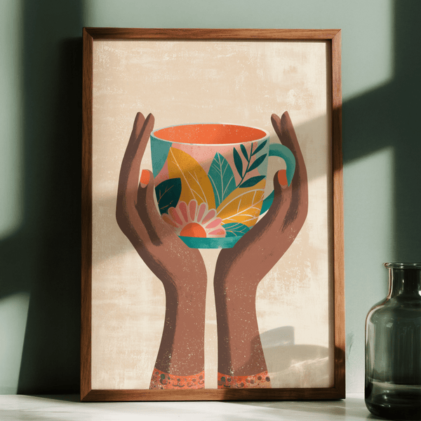 Colorful Mug Art Print, mug with yellow leaves perfect for gallery wall print