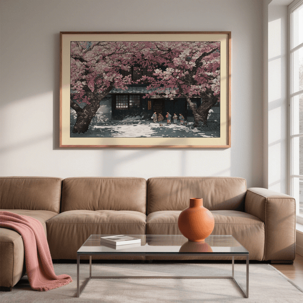 Wide street scene with blossom canopy over a wooden house