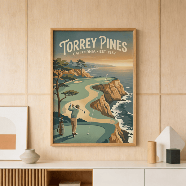 Vintage style coastal golf course print showing dotted ball flight