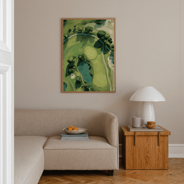 Modern illustrated golf hole wall art print with trees and sweeping fairway shapes