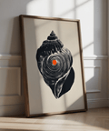 Spiral shell wall art print showing textured striations and a central circular motif in a minimalist layout