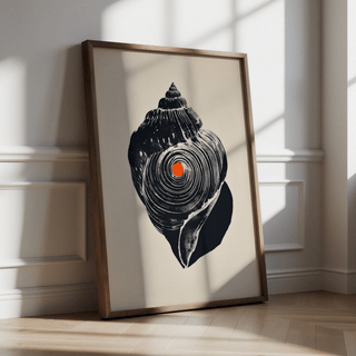 Spiral shell wall art print showing textured striations and a central circular motif in a minimalist layout