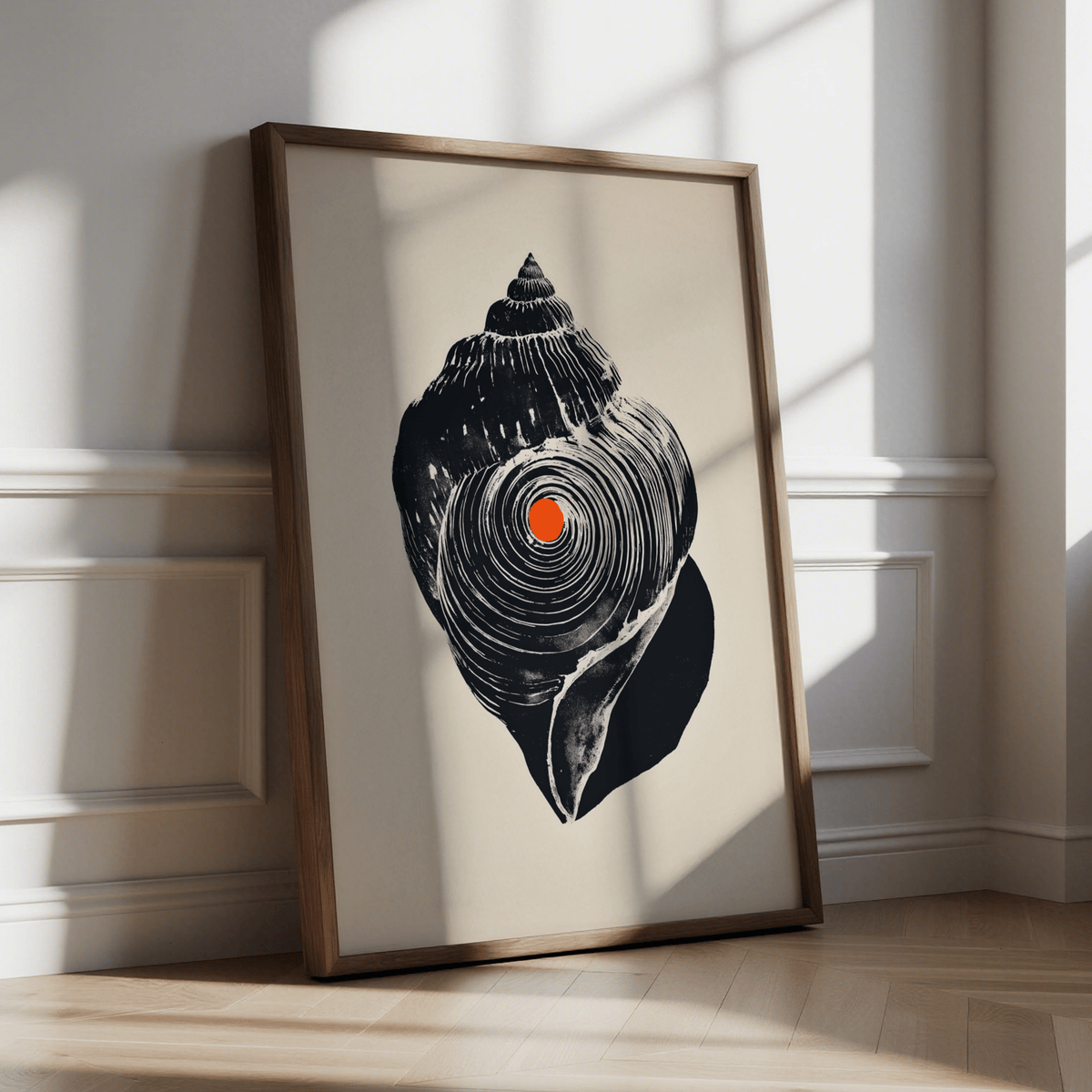 Spiral shell wall art print showing textured striations and a central circular motif in a minimalist layout