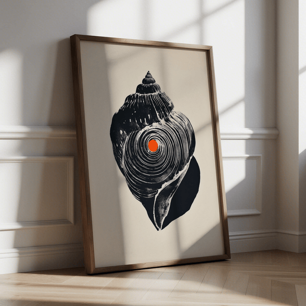 Spiral shell wall art print showing textured striations and a central circular motif in a minimalist layout