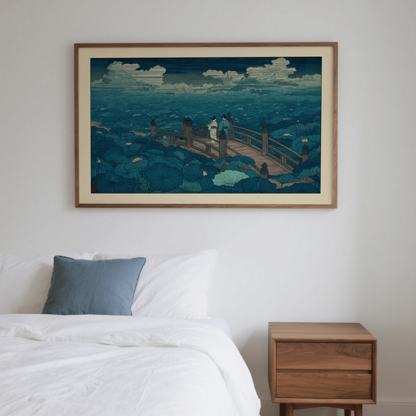 Curved wooden bridge wall art above wide lotus pond under layered sky