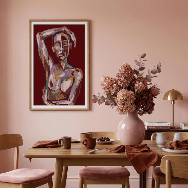 Layered brushstroke figure wall art poster with geometric face shapes