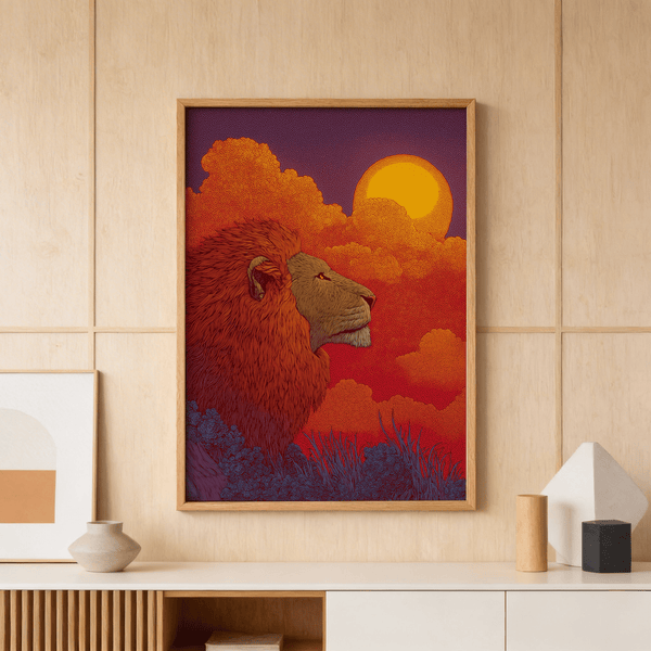 Illustrated lion poster with textured mane, circular sun, and patterned sky