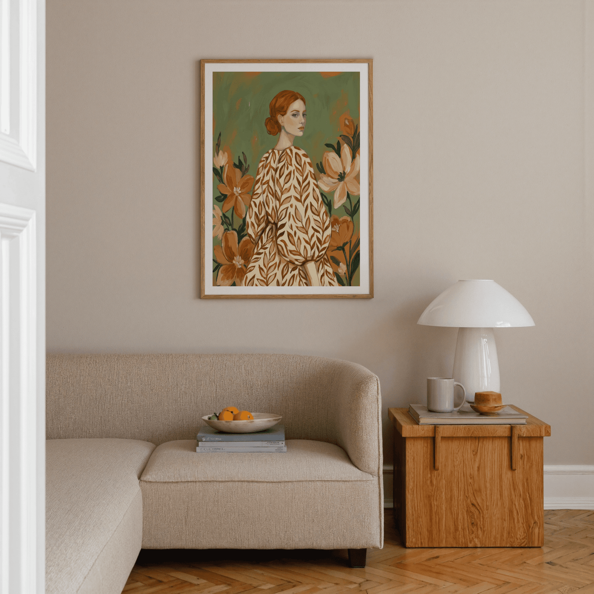 Floral Girl Illustration art print, white highlights with green and beige, suitable for nursery