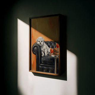 Dog with Human Face quirky wall art, Orange and Black for hallway