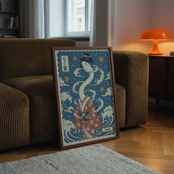 Showing a folklore-inspired poster print with elongated neck spirit, kimono patterning, and scattered leaves