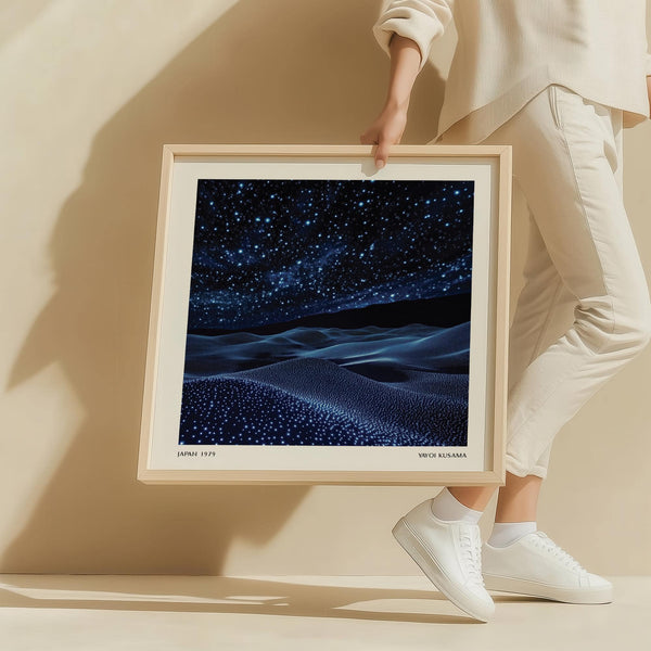 Navy blue wall art blending celestial and abstract design