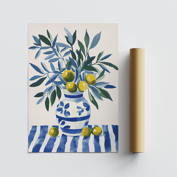 Olive tree wall art featuring flowing green foliage and ripe black-green olives.