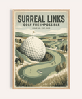 Surreal golf poster wall art showing an oversized golf ball with a flag and winding fairway