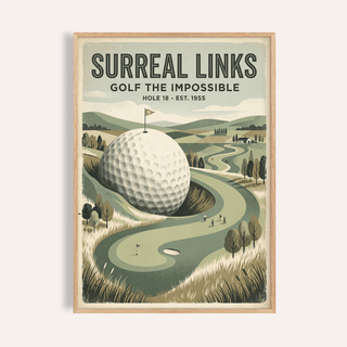 Surreal golf poster wall art showing an oversized golf ball with a flag and winding fairway