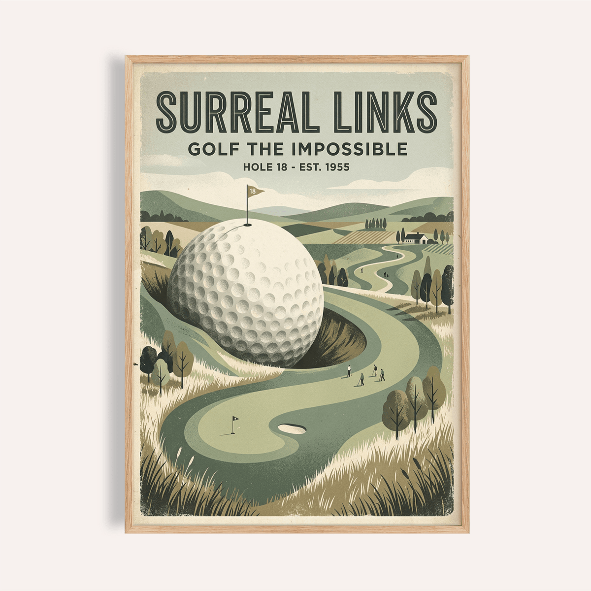 Surreal golf poster wall art showing an oversized golf ball with a flag and winding fairway