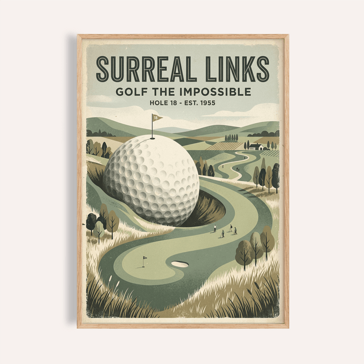 Surreal golf poster wall art showing an oversized golf ball with a flag and winding fairway