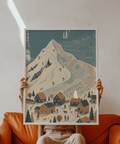 Winter Mountain Art Print featuring Blue, Orange, Beige for entryway decor