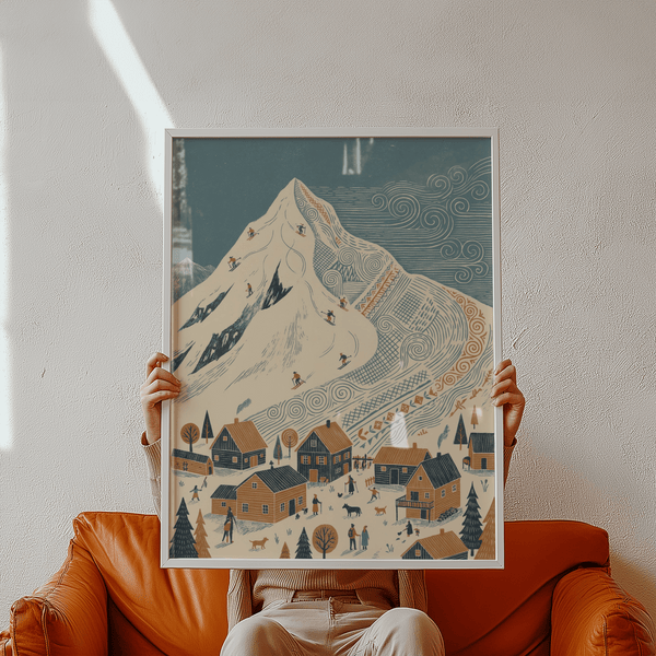 Winter Mountain Art Print featuring Blue, Orange, Beige for entryway decor