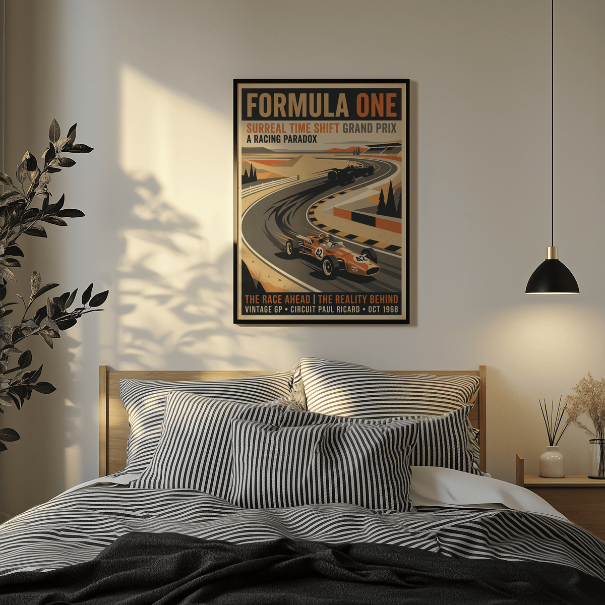Full composition Surreal Racing Poster wall art with vintage GP date line and stylized circuit scenery